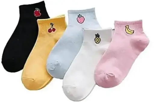 [PROD-00005] Garun Socks® Girls’ Fruit Embroidered Cotton Ankle Socks – Cute Pastel Combo (Pack of 5)